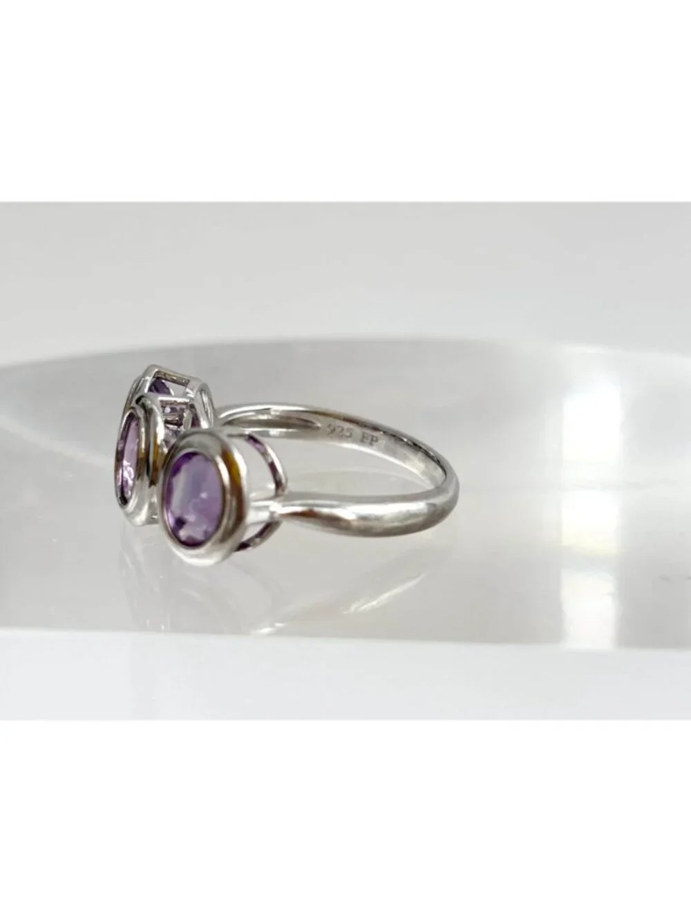 Triple Amethyst Gemstone Minimalist Sterling Silver 925 Vintage Ring - sz 8